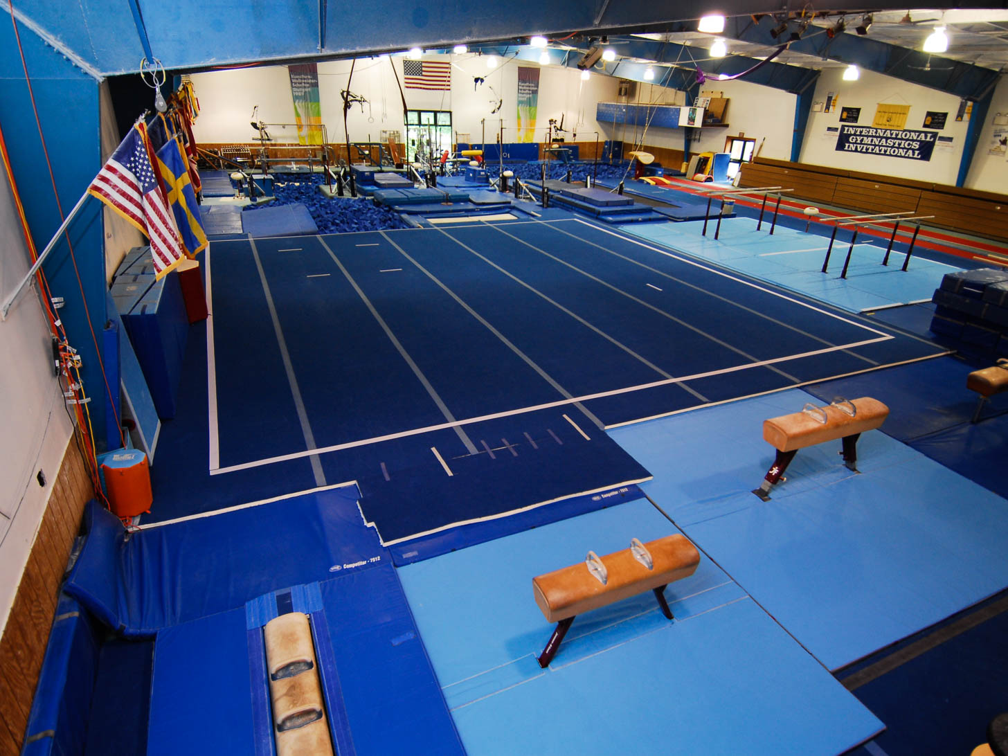 corner view of the mats and pommel horses